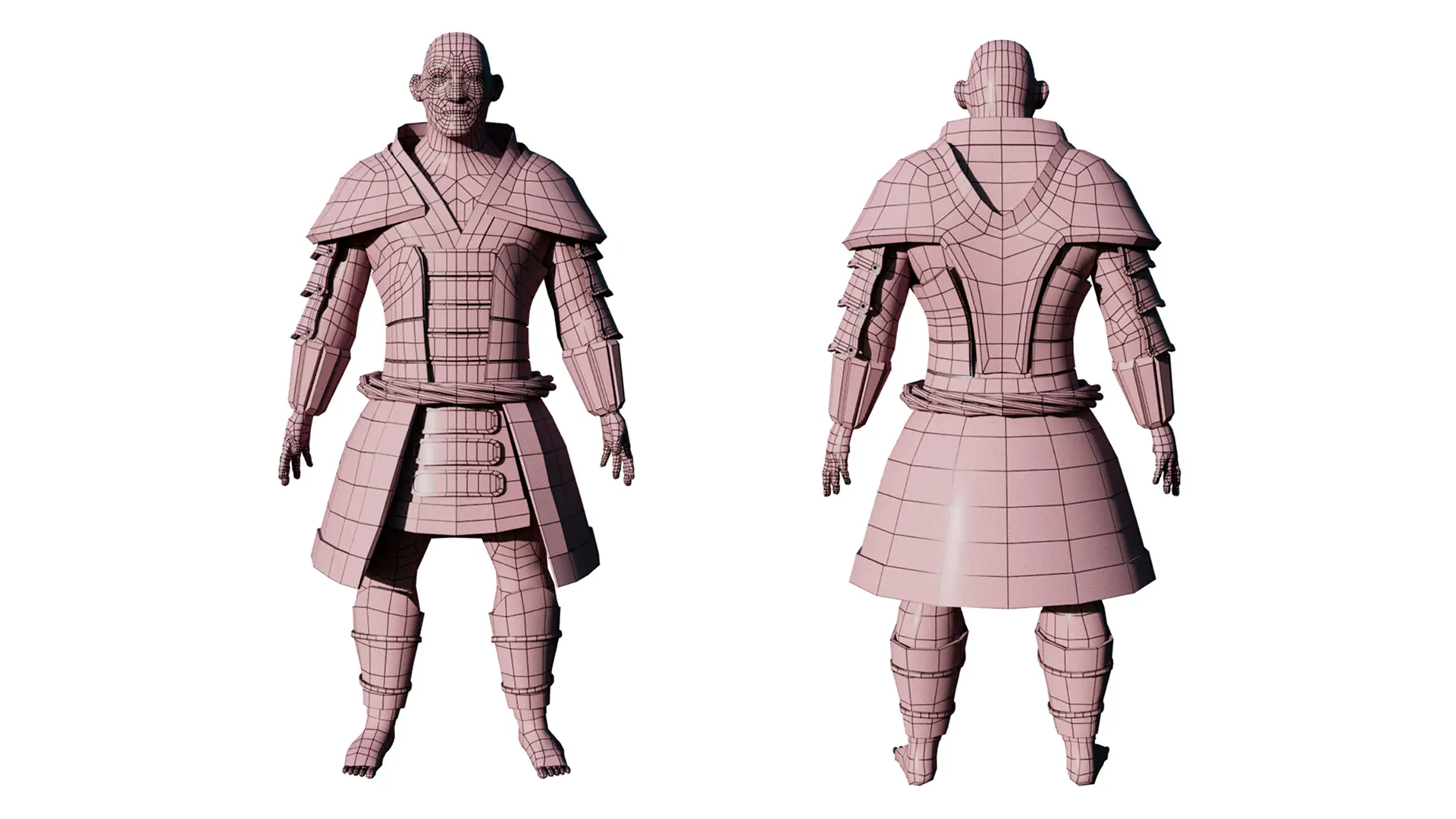 Front and back full-body wireframe topology of Hojo Era character model.
