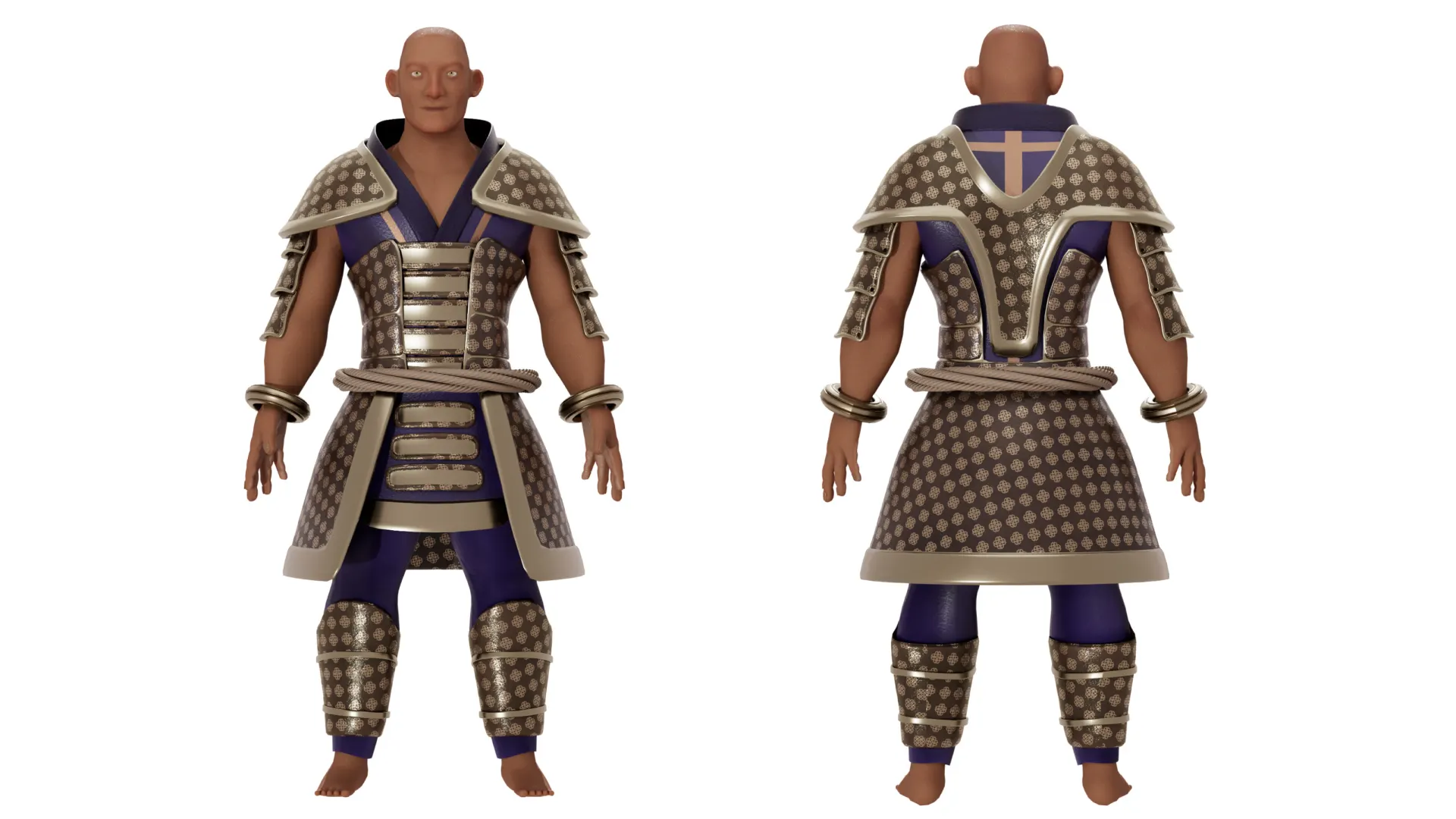 Orthographic front and back textured renders of Hojo Era for character turnaround.