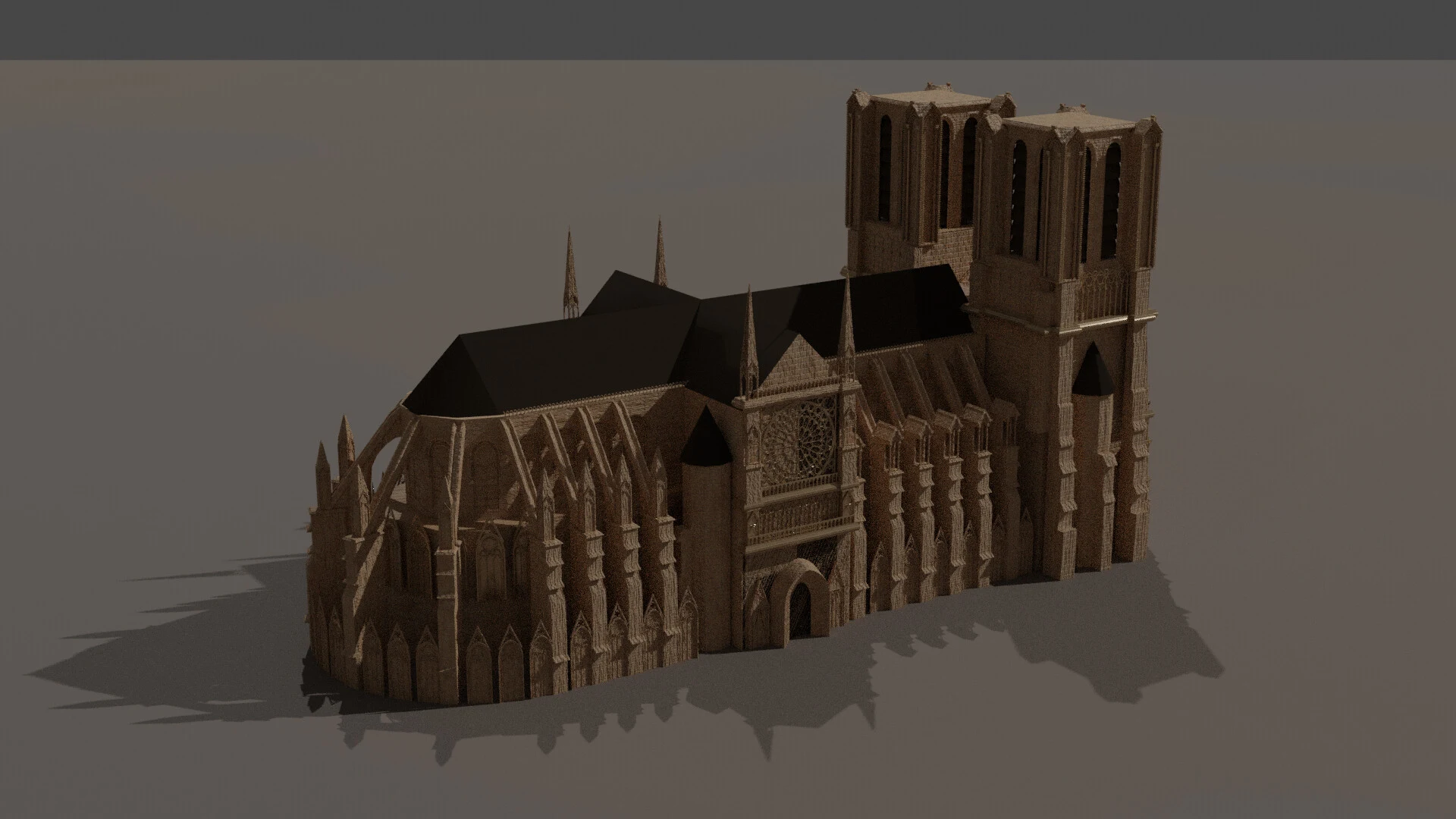 3D model of Notre Dame de Paris showing the iconic flying buttresses and apse detail.
