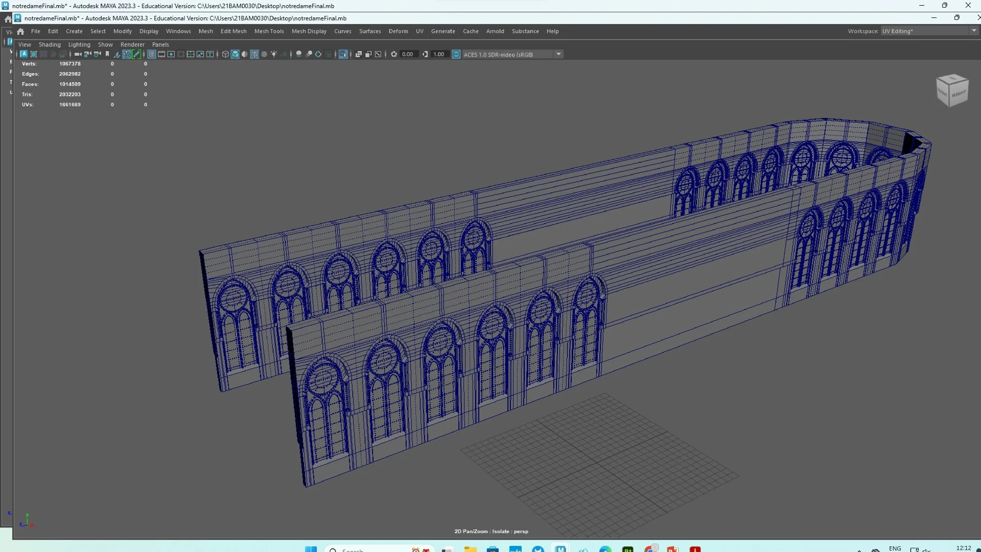 Technical 3D modeling view of the curved apsis and upper gallery of Notre Dame Cathedral.