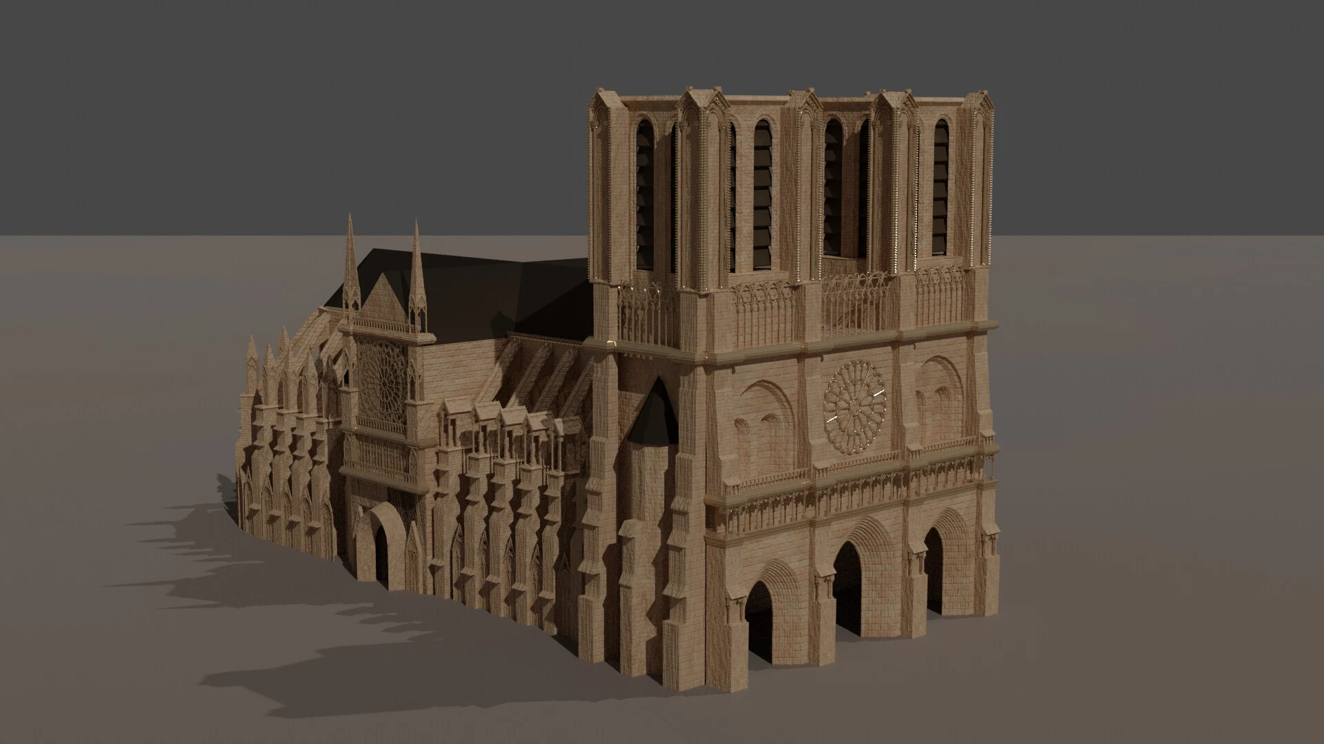 High-detail 3D render of the left side of Notre Dame de Paris facade featuring stone textures and architectural lighting.