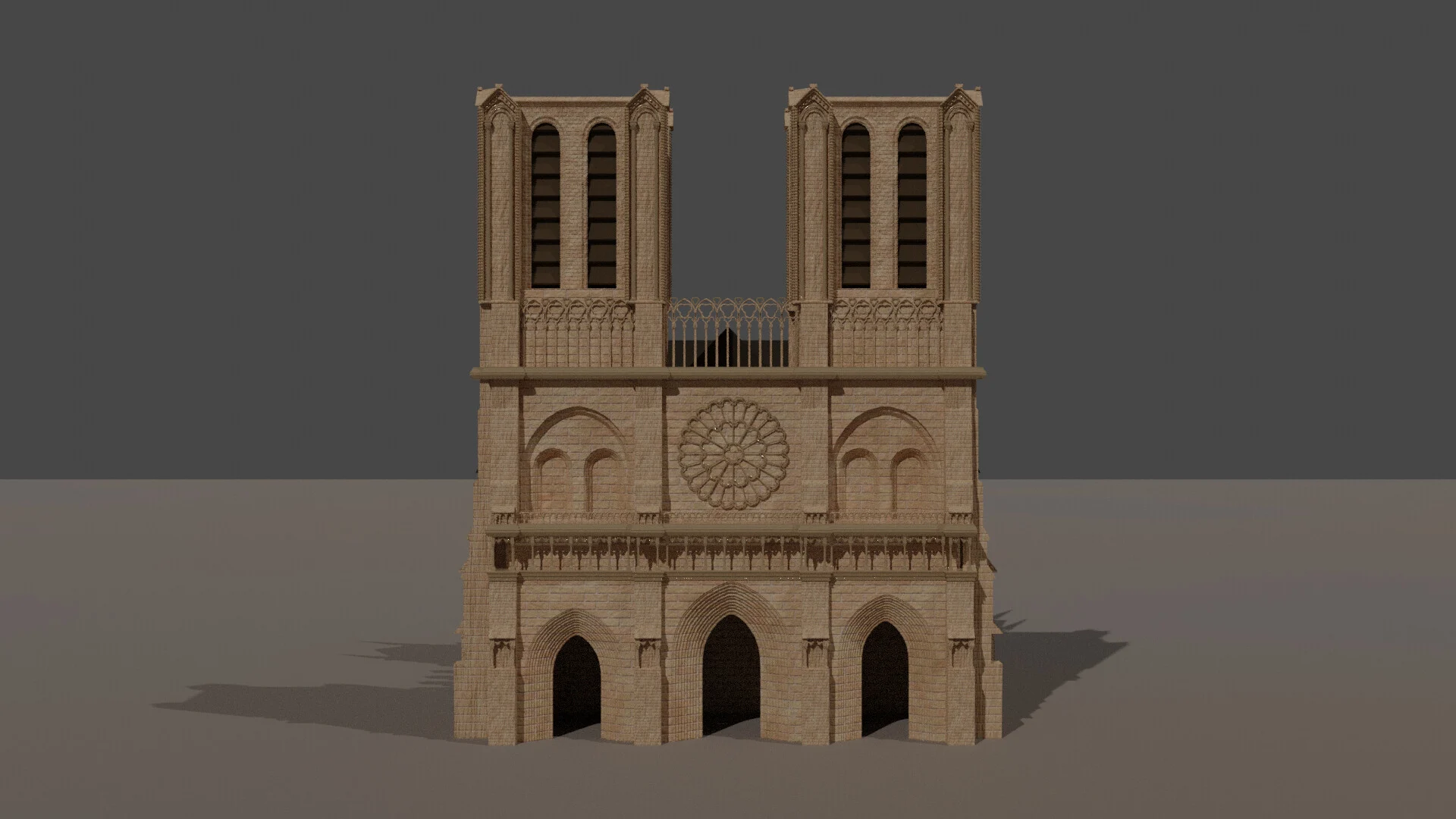 High-detailed 3D render of the Notre Dame de Paris front facade, featuring the twin towers and central rose window, modeled in Autodesk Maya.