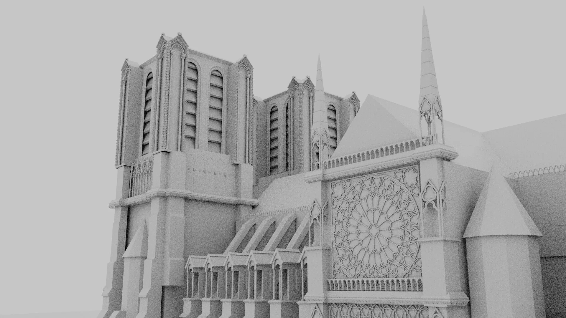 Ambient occlusion clay render of the Notre Dame cathedral 3D model highlighting architectural forms.