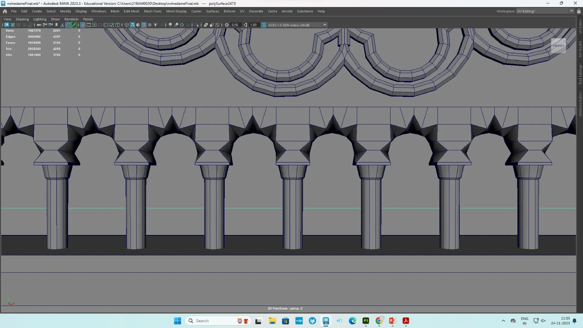 Close-up wireframe detail of the repetitive archways and columns on the exterior gallery of the cathedral model.