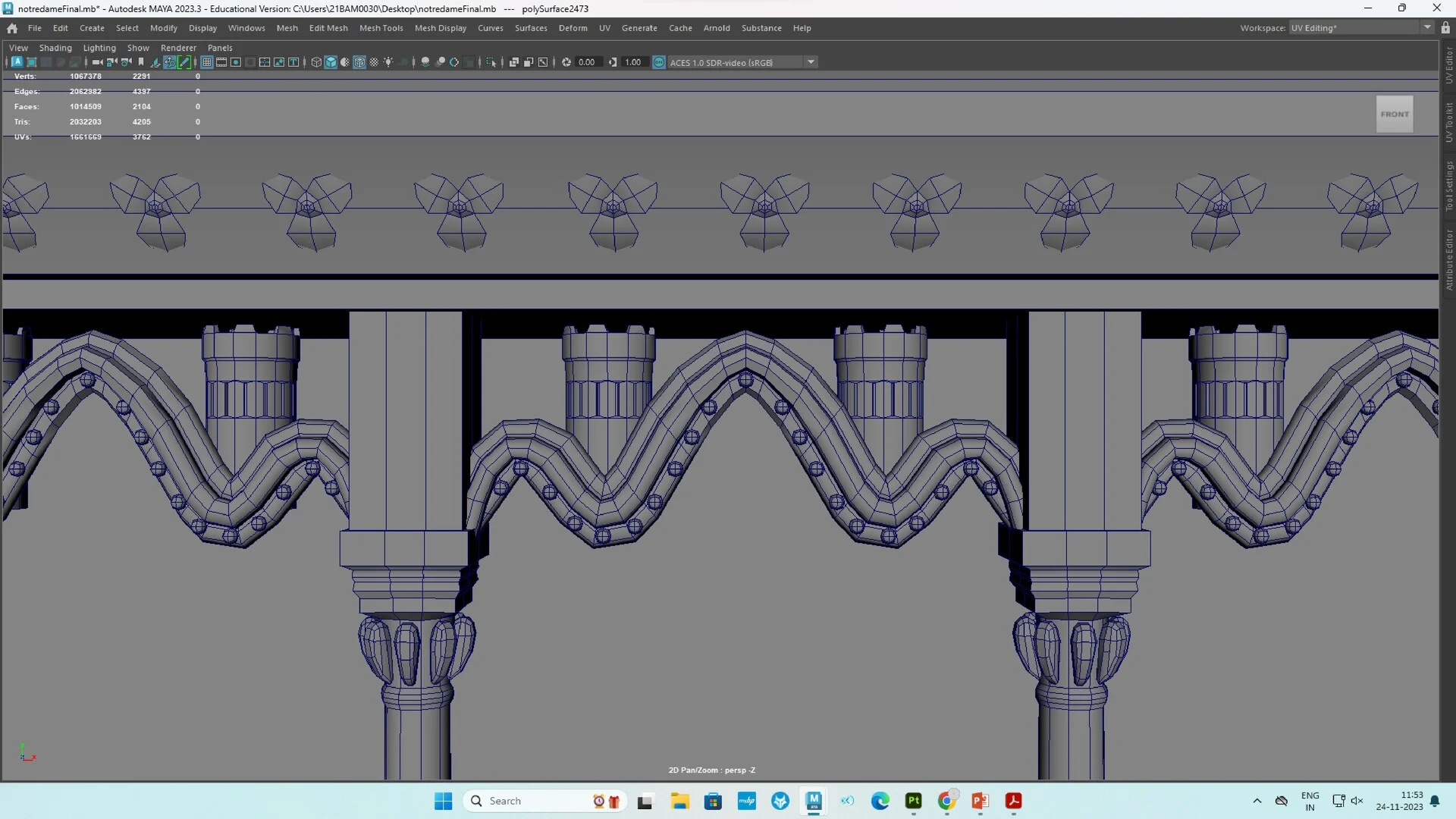 High-poly 3D modeling detail of the corbels, cornices, and decorative stone elements.