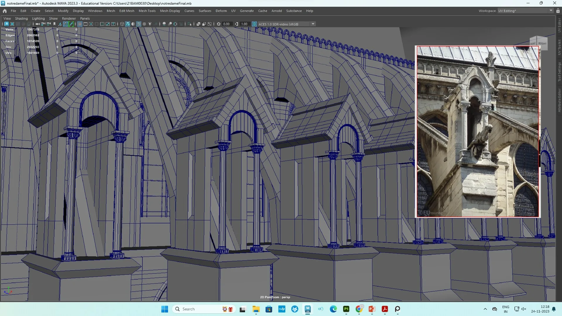 Detailed modeling of the flying buttresses and gargoyle sections of Notre Dame Cathedral in Maya.