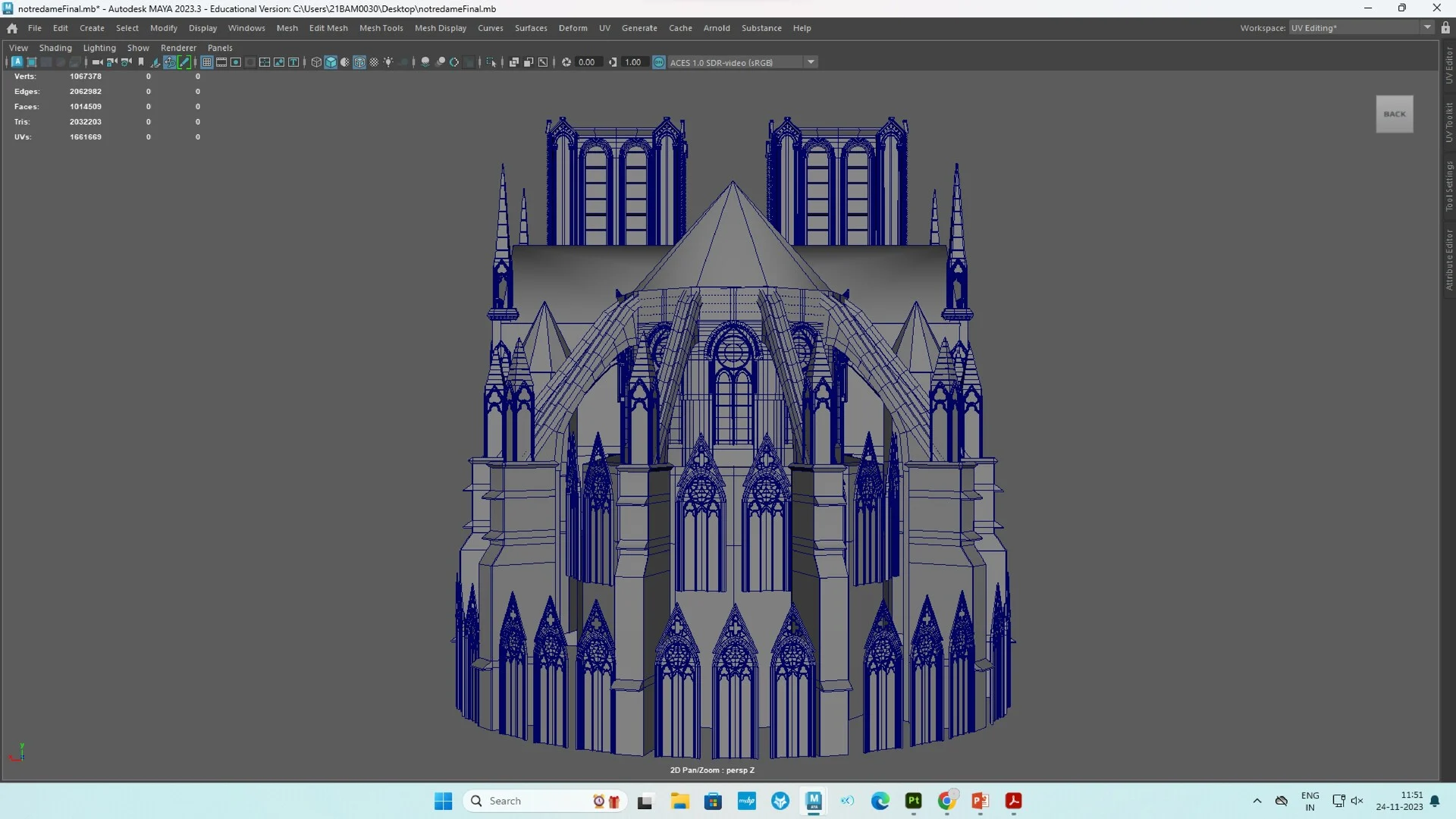 Full rear perspective view of the Notre Dame de Paris 3D model showing the flying buttresses and apse.