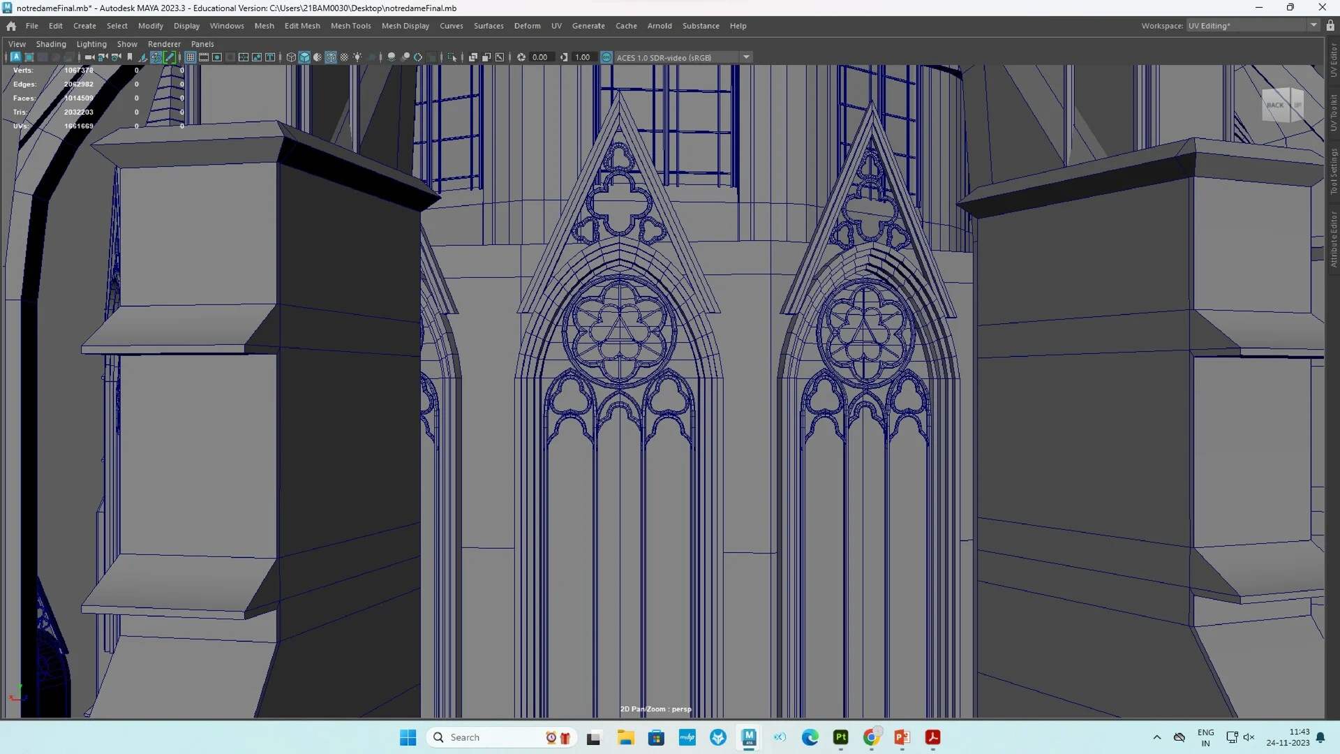 Close-up wireframe of the intricate stone tracery and ornamental gables of the Notre Dame 3D model.