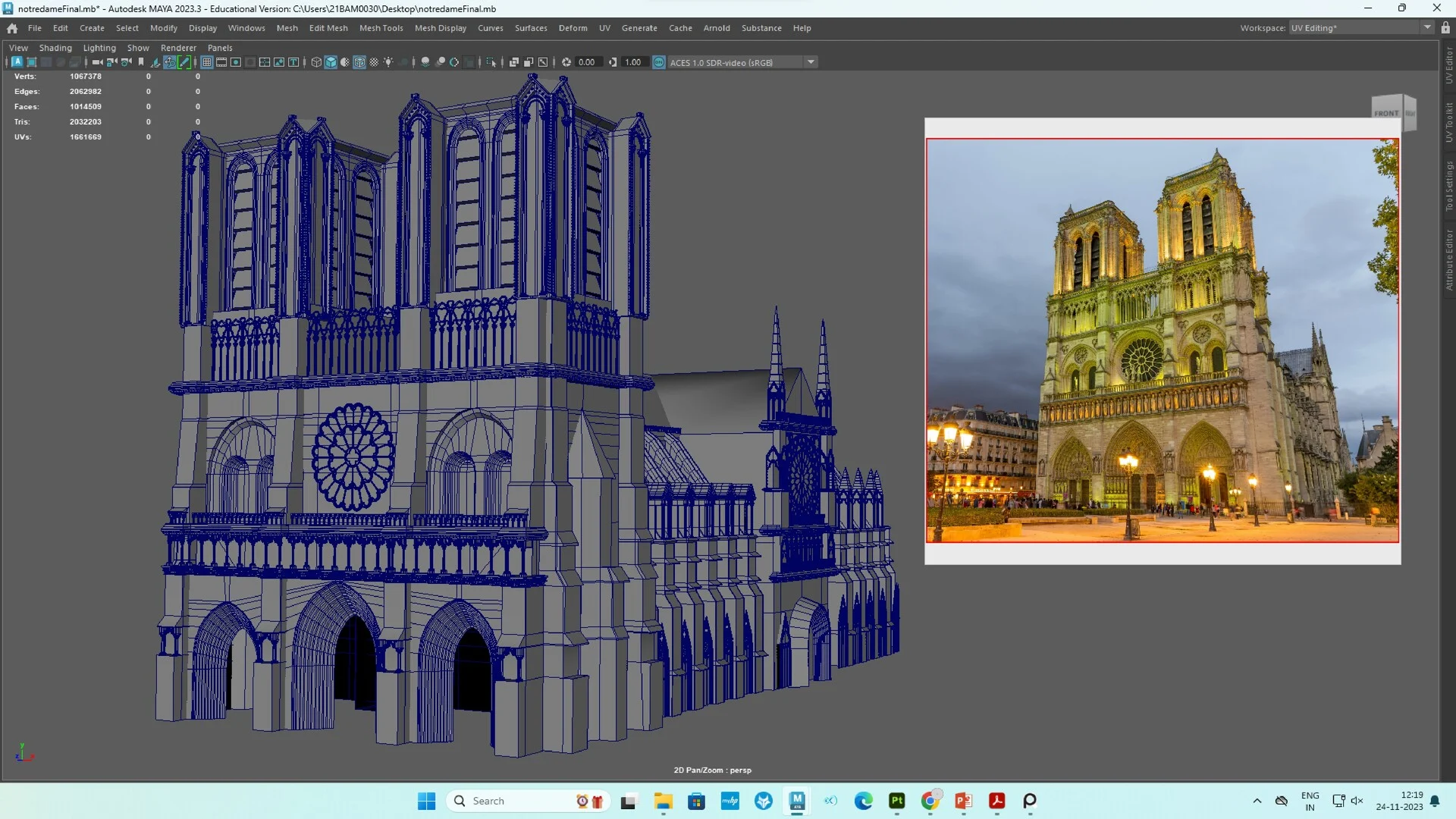 3D wireframe model of Notre Dame de Paris Cathedral in Autodesk Maya shown alongside a night-time reference photo of the main facade.