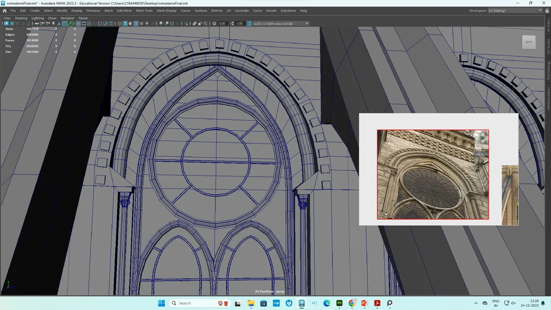 Close-up wireframe view of a Gothic arch and window in Maya, showing clean 3D topology alongside a real-world architectural reference photo.