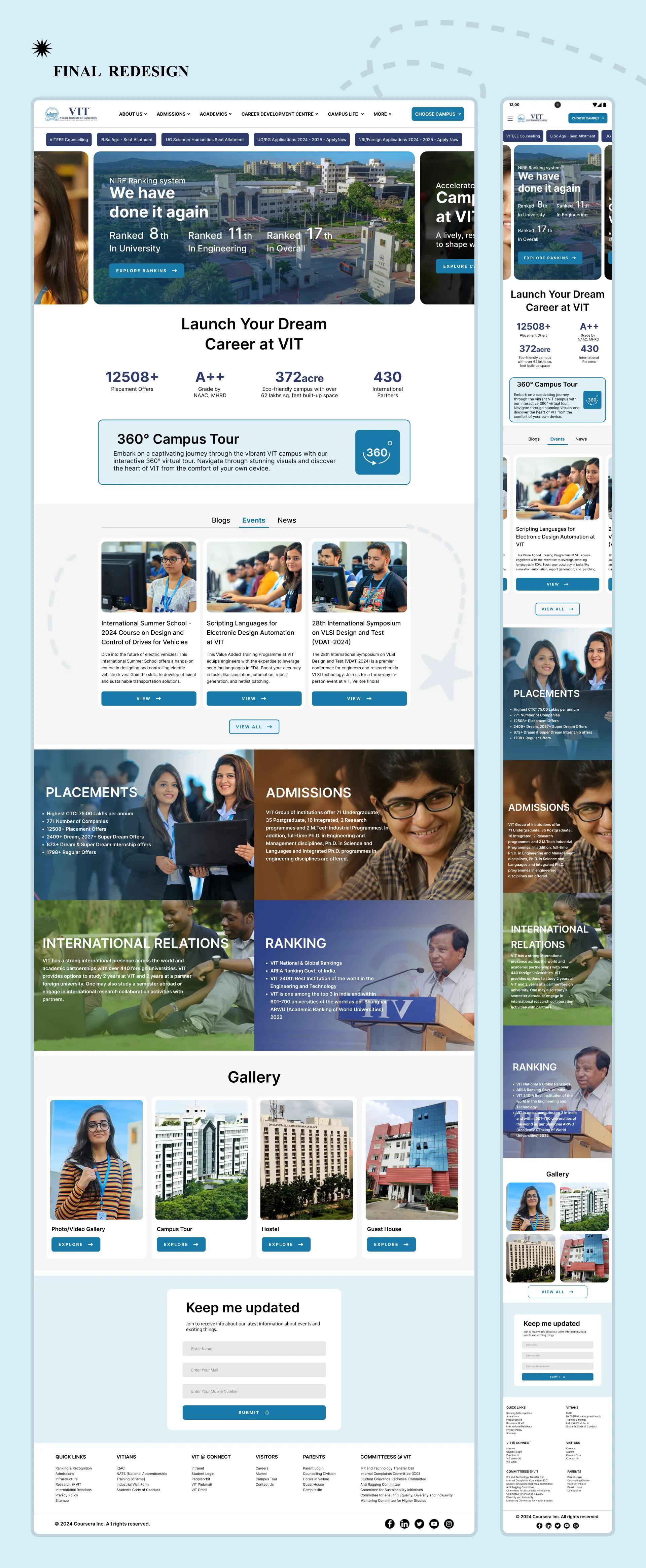 High-fidelity mockups of the final VIT website redesign for both desktop and mobile views, showcasing a clean, modern UI with high-quality imagery.