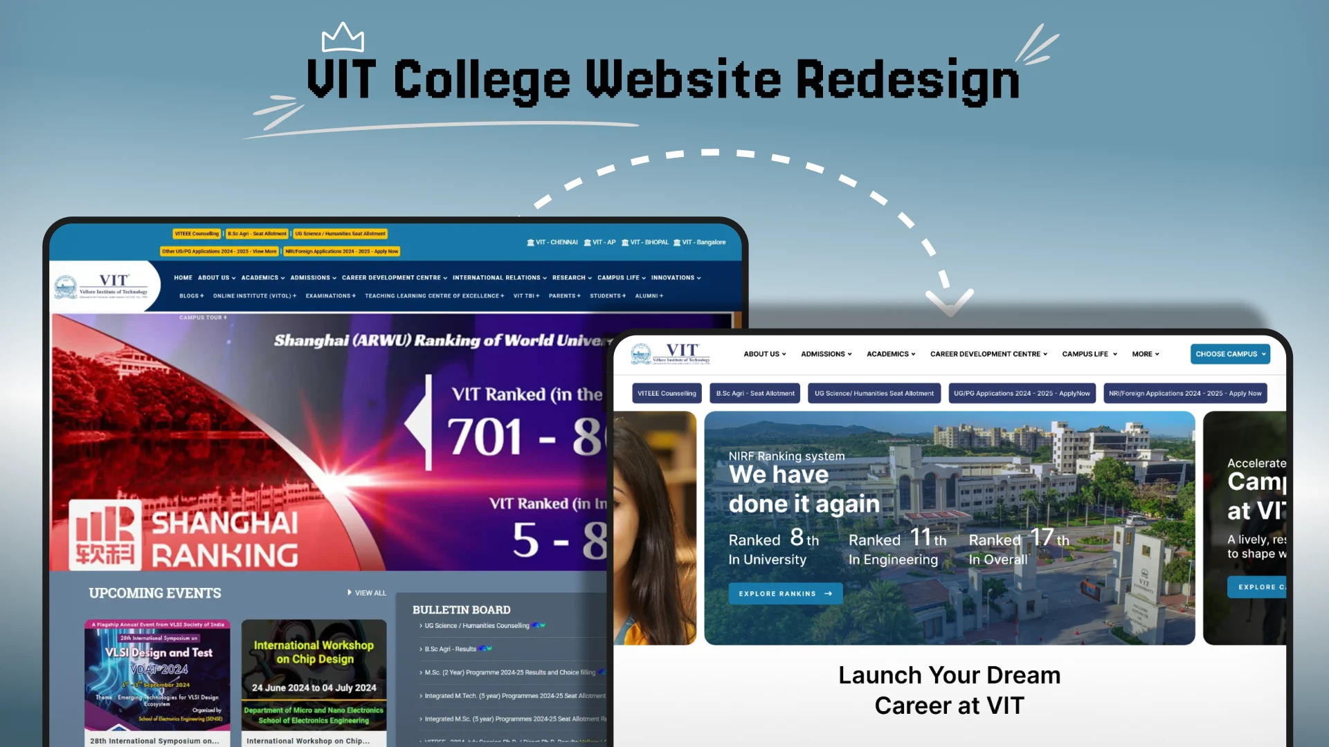 Comparison thumbnail titled VIT Vellore Institute of TechnologyCollege Website Redesign, showing a side-by-side transition from the old cluttered layout to the new streamlined design.
