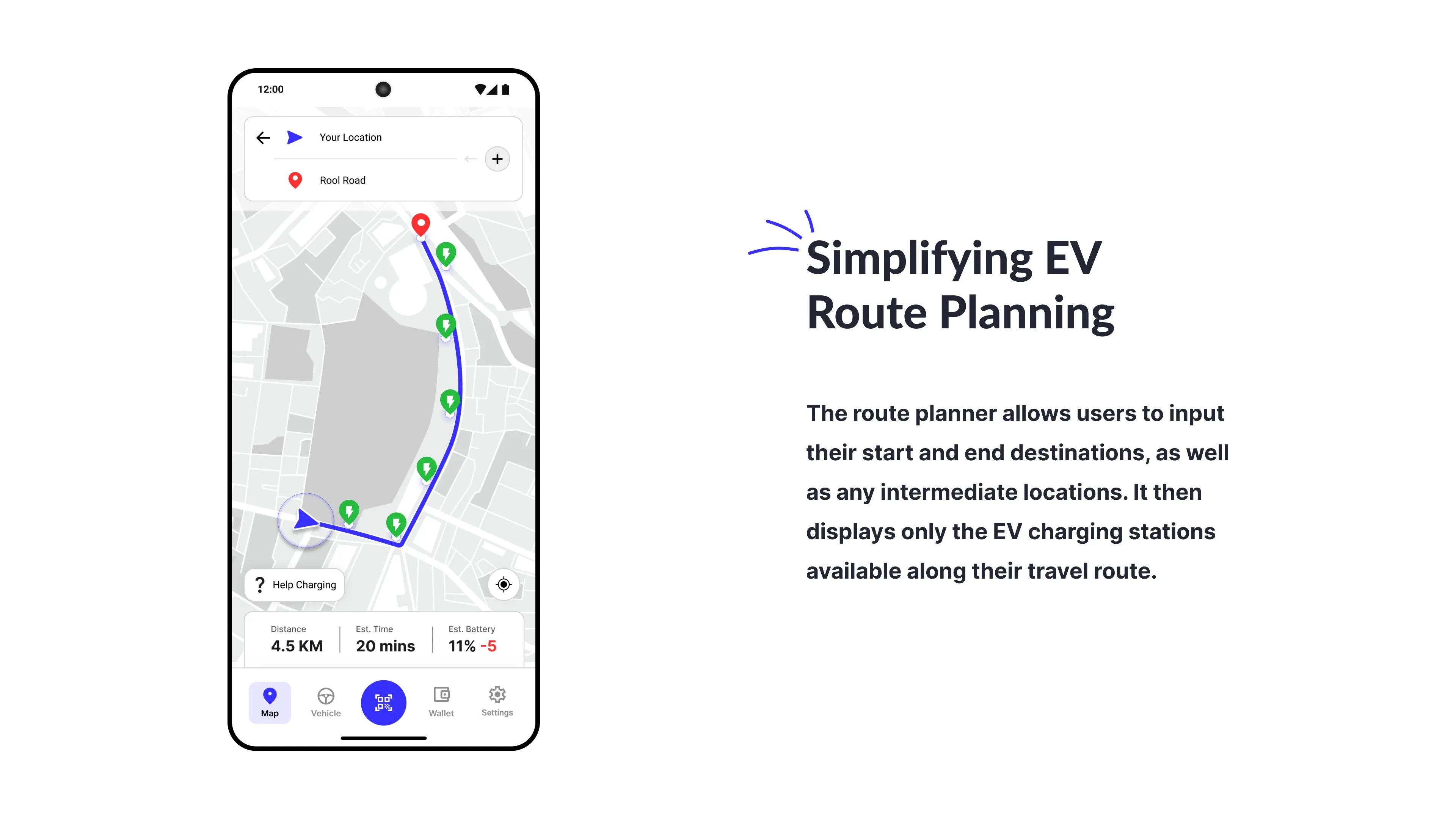 Route planner interface showing a blue travel path with available EV charging stations along the way.