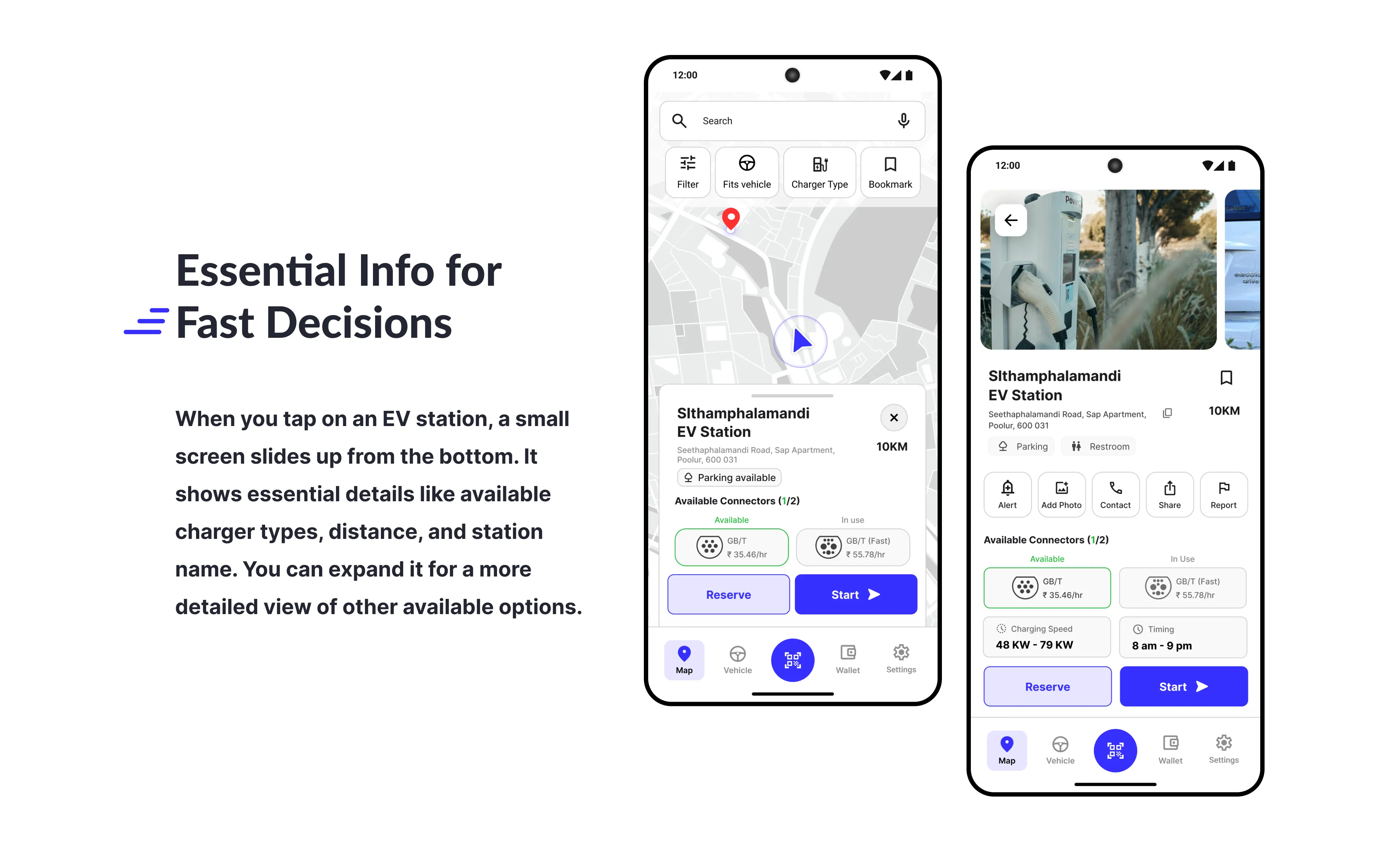 EV station detail view showing charger types, distance, availability, and a reserve button.