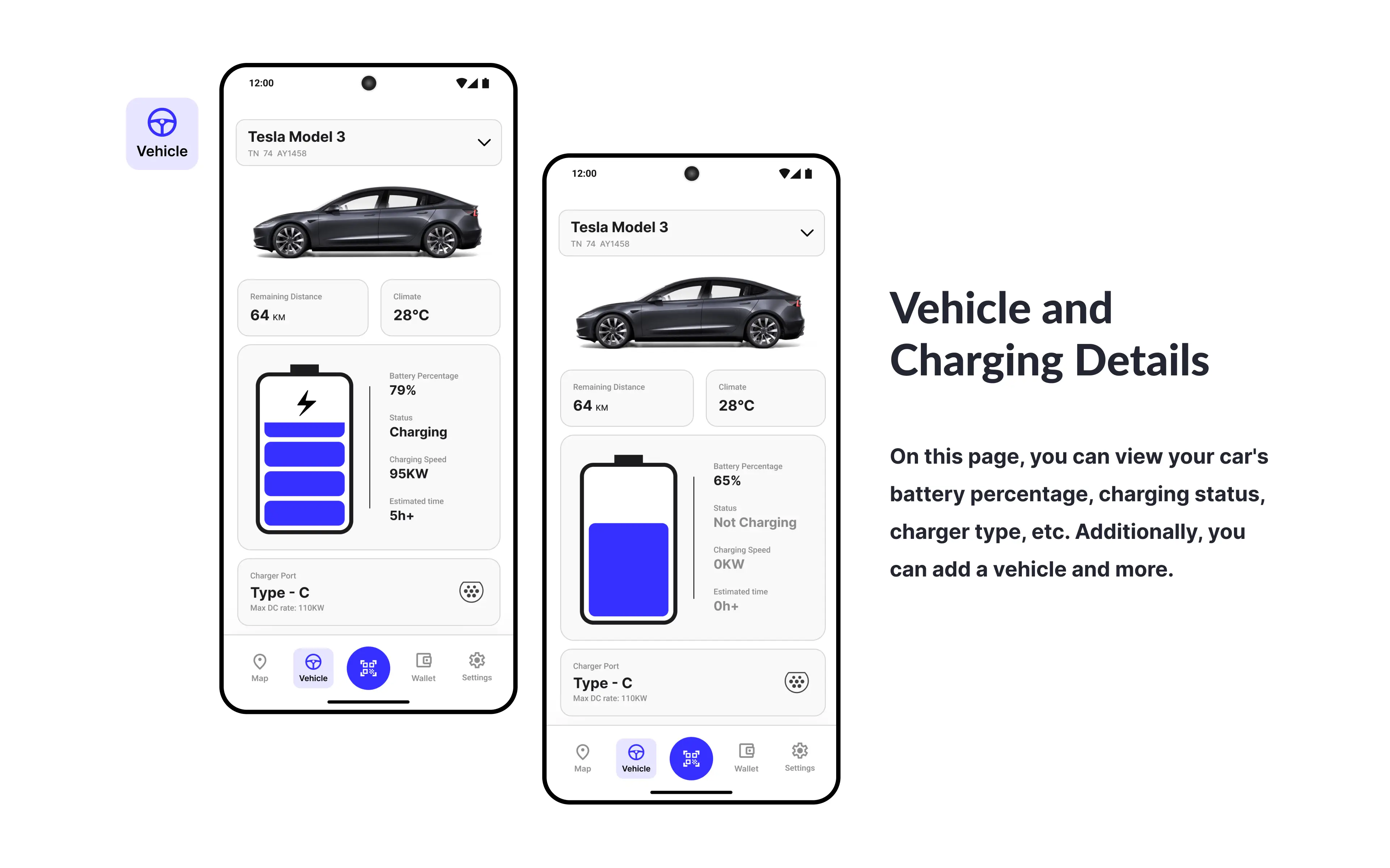 Vehicle status dashboard displaying Tesla Model 3 battery percentage, charging speed, and remaining range.