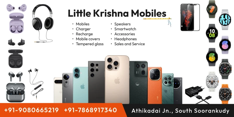 Shop front banner design for a Little Krishna mobiles in Nagercoil.