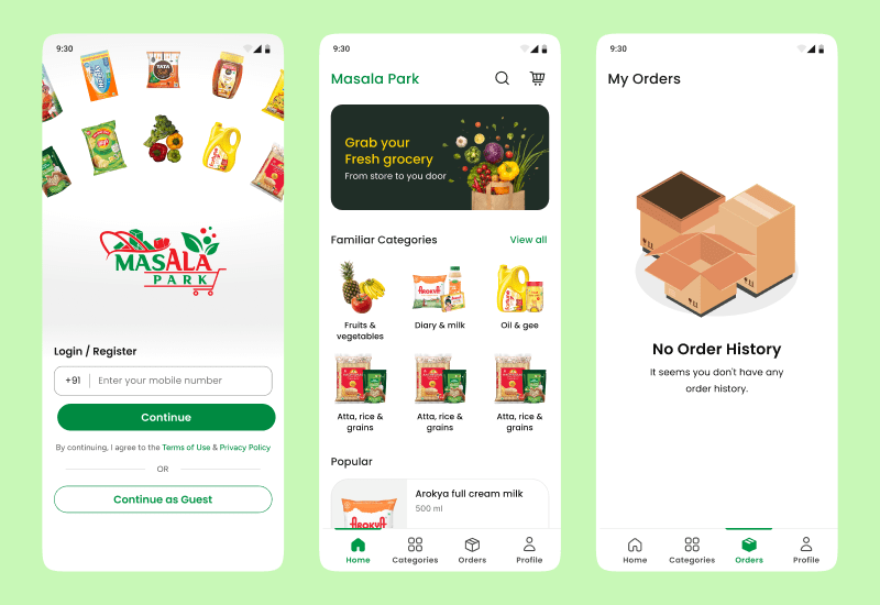 Masala Park grocery delivery mobile app UI design, created by Show Starters for seamless user experience.